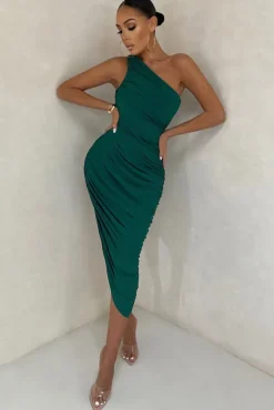 Late Night | Bottle Green Asymmetric One Shoulder Ruched Midi Dress