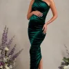 Late Night | Bottle Green Velvet Maternity Ruched One Shoulder Midi Dress