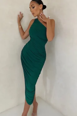 Late Night | Bottle Green Asymmetric One Shoulder Ruched Midi Dress