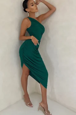 Late Night | Bottle Green Asymmetric One Shoulder Ruched Midi Dress