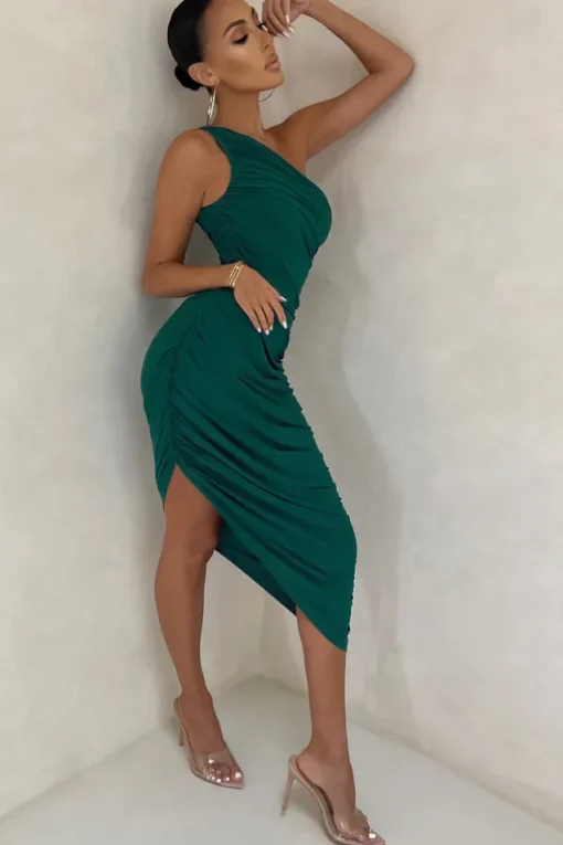 Late Night | Bottle Green Asymmetric One Shoulder Ruched Midi Dress