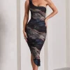 Late Night | Brown And Blue Print Asymmetric One Shoulder Ruched Midi Dress