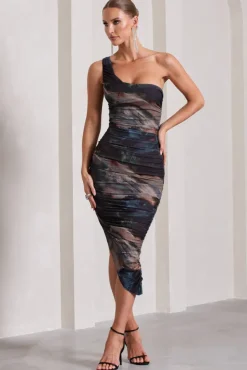 Late Night | Brown And Blue Print Asymmetric One Shoulder Ruched Midi Dress