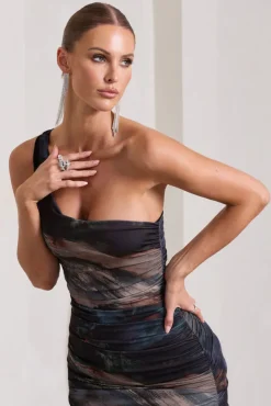 Late Night | Brown And Blue Print Asymmetric One Shoulder Ruched Midi Dress