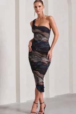 Late Night | Brown And Blue Print Asymmetric One Shoulder Ruched Midi Dress