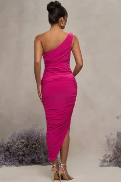 Late Night | Hot Pink Maternity Ruched One Shoulder Midi Dress