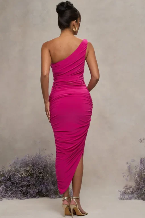 Late Night | Hot Pink Maternity Ruched One Shoulder Midi Dress