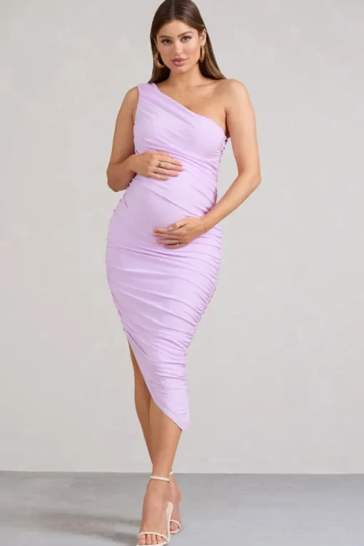 Late Night | Lilac Maternity Ruched One Shoulder Midi Dress
