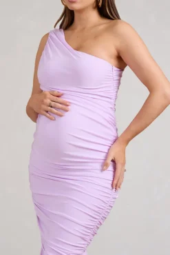Late Night | Lilac Maternity Ruched One Shoulder Midi Dress