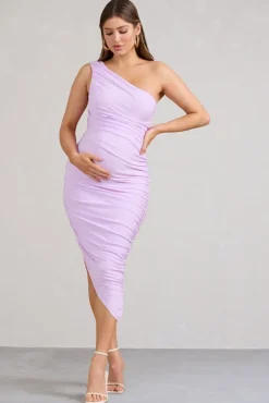 Late Night | Lilac Maternity Ruched One Shoulder Midi Dress