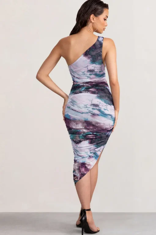 Late Night | Multi Print Asymmetric One Shoulder Ruched Midi Dress