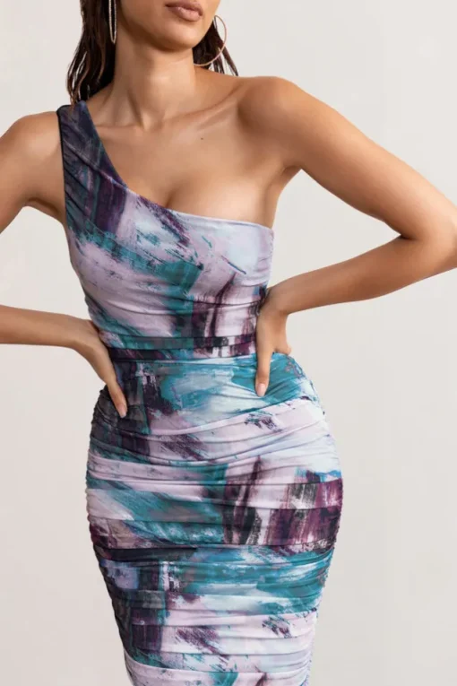 Late Night | Multi Print Asymmetric One Shoulder Ruched Midi Dress