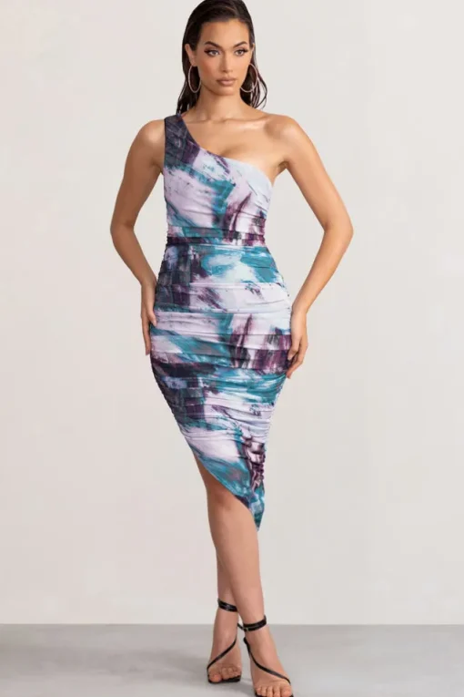 Late Night | Multi Print Asymmetric One Shoulder Ruched Midi Dress