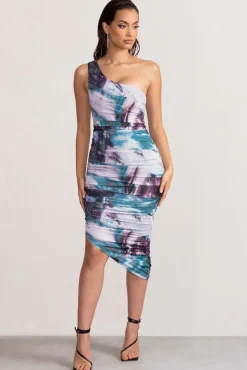 Late Night | Multi Print Asymmetric One Shoulder Ruched Midi Dress