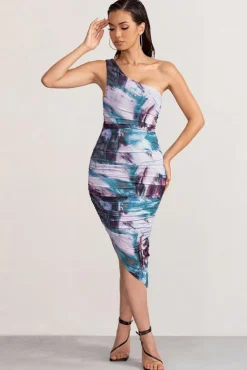 Late Night | Multi Print Asymmetric One Shoulder Ruched Midi Dress