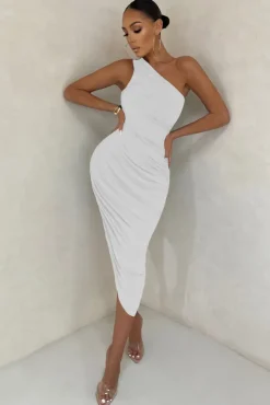Late Night | Off White Asymmetrical One Shoulder Ruched Midi Dress