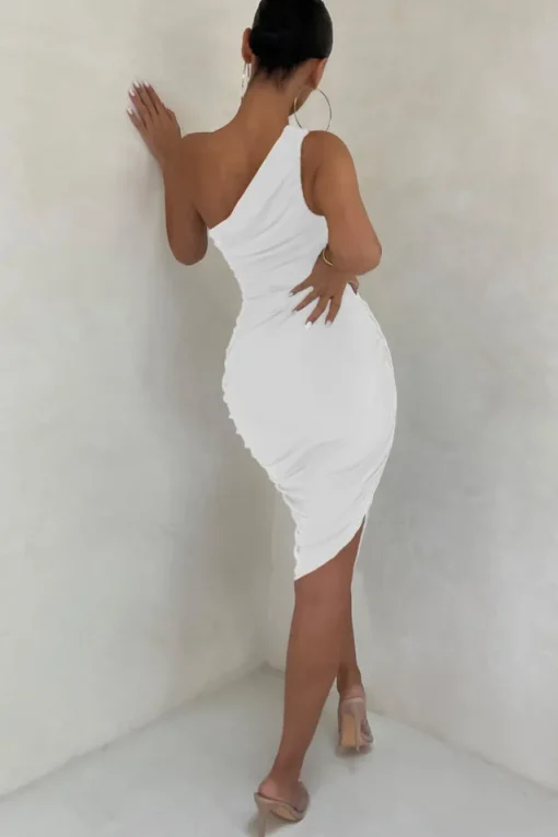 Late Night | Off White Asymmetrical One Shoulder Ruched Midi Dress