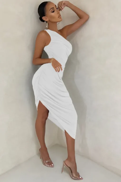 Late Night | Off White Asymmetrical One Shoulder Ruched Midi Dress