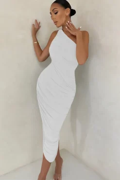 Late Night | Off White Asymmetrical One Shoulder Ruched Midi Dress