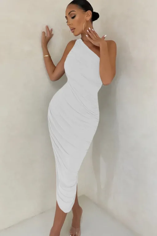 Late Night | Off White Asymmetrical One Shoulder Ruched Midi Dress