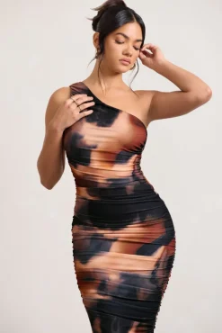 Late Night | Orange Smoke Print Asymmetric One Shoulder Ruched Midi Dress