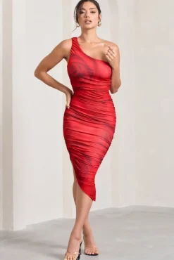 Late Night | Red Rose Print Asymmetric One Shoulder Ruched Midi Dress