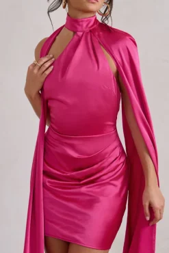 Laurelie | Hot Pink Satin Statement Cape Design Mini Dress