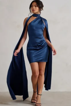 Laurelie | Navy Satin Statement Cape Design Mini Dress