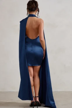 Laurelie | Navy Satin Statement Cape Design Mini Dress