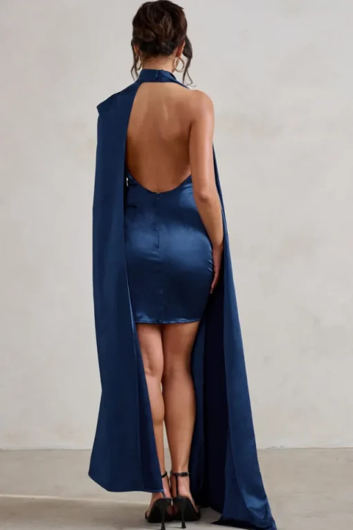 Laurelie | Navy Satin Statement Cape Design Mini Dress