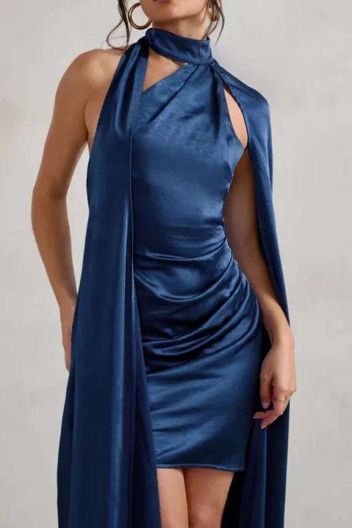 Laurelie | Navy Satin Statement Cape Design Mini Dress
