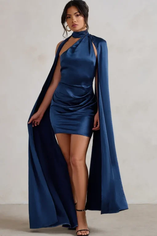 Laurelie | Navy Satin Statement Cape Design Mini Dress