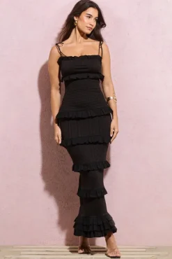 Lauren | Black Broderie Strappy Ruffled Maxi Dress