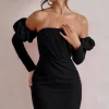 Laurie | Black Bardot Puff  Long Sleeve Mini Dress