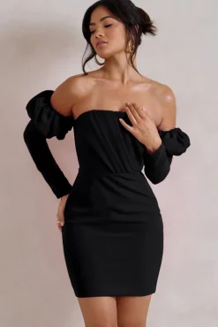 Laurie | Black Bardot Puff  Long Sleeve Mini Dress