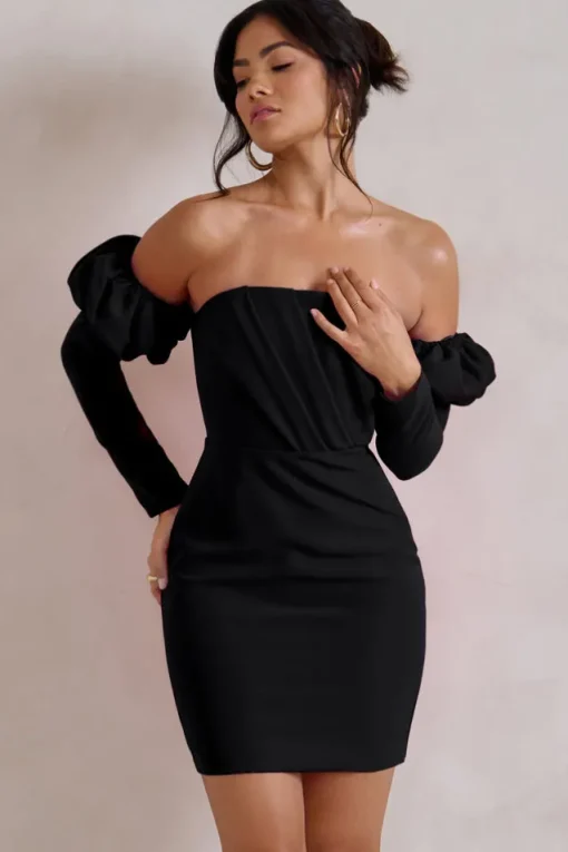Laurie | Black Bardot Puff  Long Sleeve Mini Dress