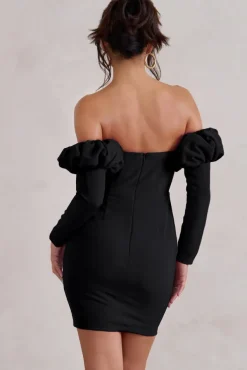 Laurie | Black Bardot Puff  Long Sleeve Mini Dress