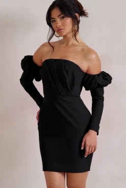 Laurie | Black Bardot Puff  Long Sleeve Mini Dress