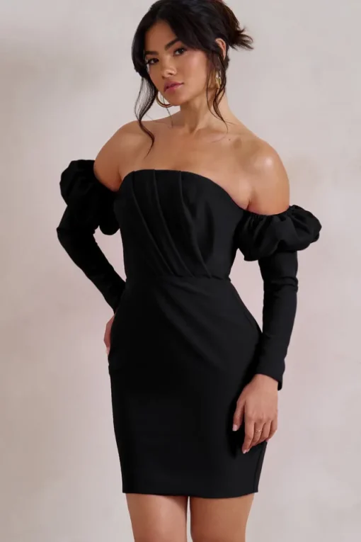 Laurie | Black Bardot Puff  Long Sleeve Mini Dress