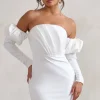 Laurie | White Bardot Puff Long Sleeve Mini Dress
