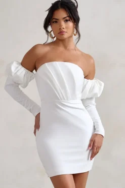 Laurie | White Bardot Puff Long Sleeve Mini Dress