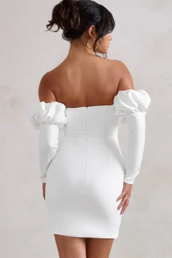 Laurie | White Bardot Puff Long Sleeve Mini Dress