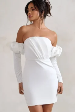 Laurie | White Bardot Puff Long Sleeve Mini Dress