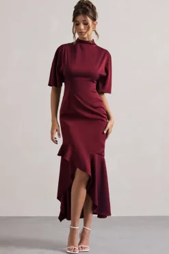 Lavinia | Berry High-Neck Flutter-Sleeve Asymmetric Maxi Dress