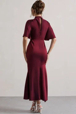 Lavinia | Berry High-Neck Flutter-Sleeve Asymmetric Maxi Dress