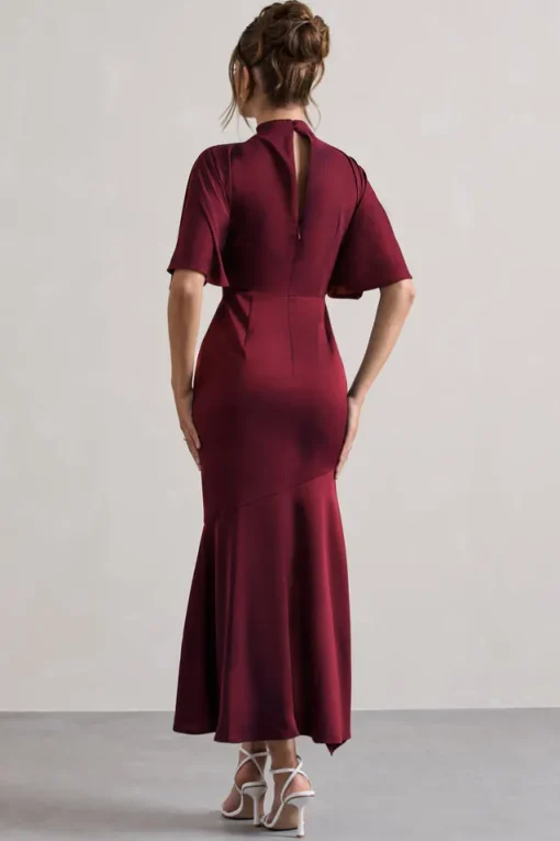 Lavinia | Berry High-Neck Flutter-Sleeve Asymmetric Maxi Dress
