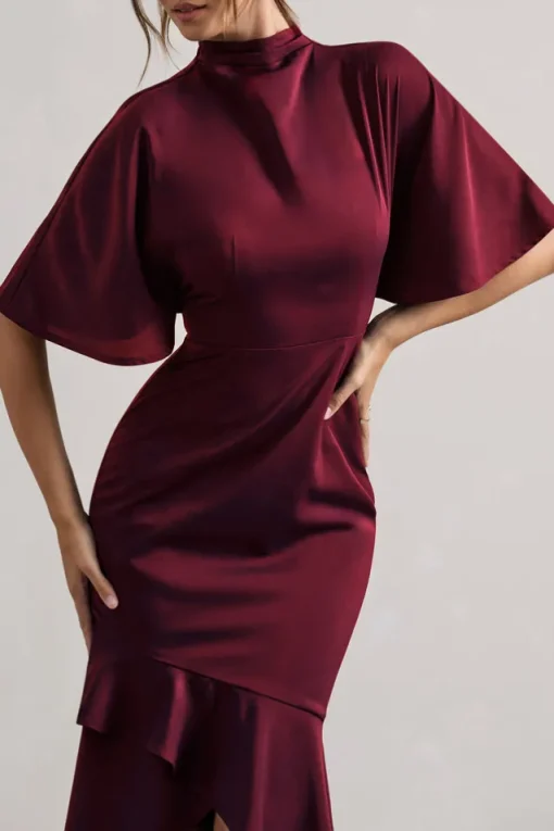 Lavinia | Berry High-Neck Flutter-Sleeve Asymmetric Maxi Dress