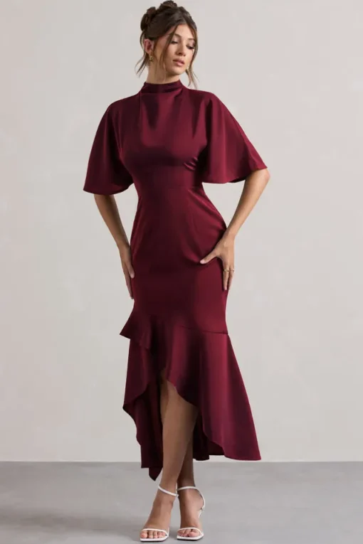 Lavinia | Berry High-Neck Flutter-Sleeve Asymmetric Maxi Dress