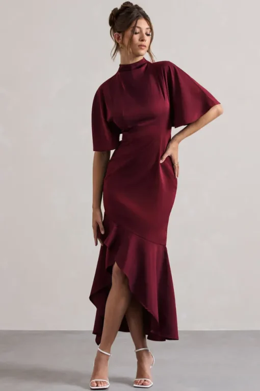 Lavinia | Berry High-Neck Flutter-Sleeve Asymmetric Maxi Dress