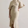 Lavinia | Champagne High-Neck Flutter-Sleeve Asymmetric Maxi Dress